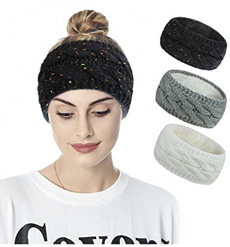 3 Pieces Fleece Lined Ear Warmer Headband for Women Winter Warm Knitted Thick Hairband Thermal Headbands Elastic Hair Wrap (Black + Grey + White)