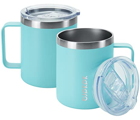BJPKPK 2PCS Insulated Coffee Mug with Lid, 410 ml Stainless Steel Tumbler | Travel Coffee Mug with Handle, Vacuum Insulated Tumbler Cup for Camping, Office, Home, BPA Free Lid, Hot & Cold