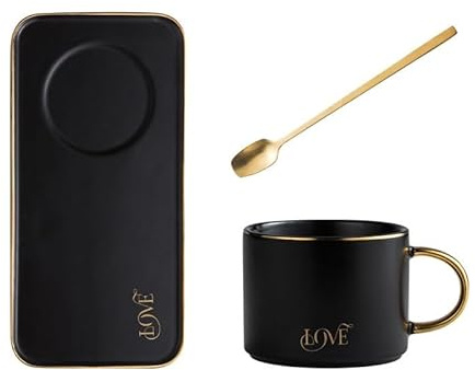 JIUJ Coffee Cup Saucer Set Ceramic Cup Saucer Tray Afternoon Tea Outline in Gold Breakfast Tea Set 220 ml (Black-Love)