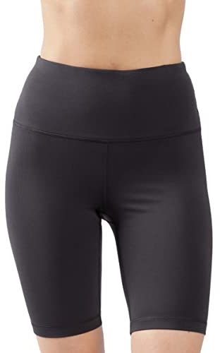 90 Degree By Reflex High Waist Power Flex Yoga Shorts - Bauchkontrolle Bikershorts für Damen, Schwarz, 22,9 cm gerippt, Klein