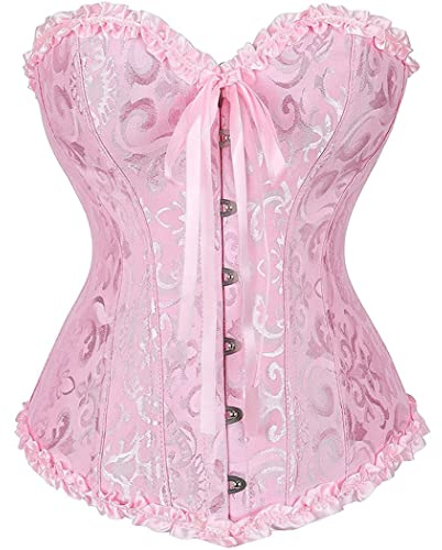 e-girl Women's Overbust Corset Ruffle Trim Vintage Top,UK 4-22 | Jacquard fabric, ruffle trim, front bow detail, front busk closure, back lace-up ribbon, plastic boning