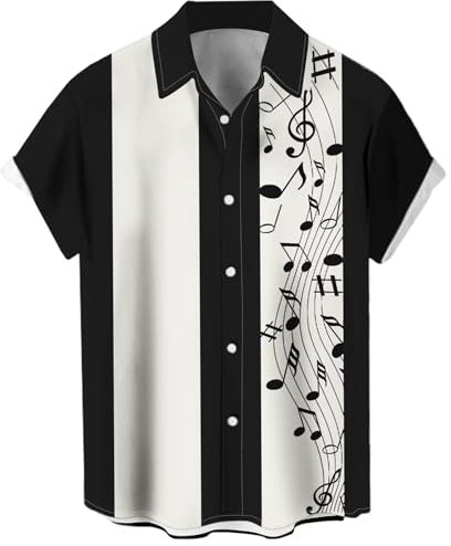 Men's Vintage Bowling Shirt 1950s Retro Rockabilly Style Short Sleeve Button Down Music Hawaiian Shirts, Music Note-white Black, XL