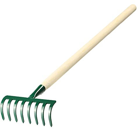 KADAX Rastrillo de metal pequeño, rastrillo de madera, escobas de hojas, fugas, rastrillo de césped para jardín, arco, rastrillo de mano, escoba pequeña abanico (8 dientes, verde, metal, madera)