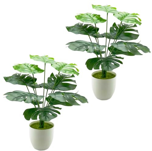 AIVORIUY Artificial Plants 40cm Fake Monstera Plants Potted in Pots Realistic Plastic Plants Tropical Palm Faux Bonsai for Indoors Home Office Table Desk Bedroom Bathroom Kitchen House Decoration