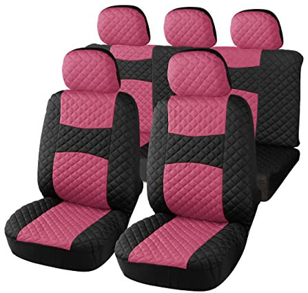 Auto Accessori Lupex - A20 Coprisedili per auto universali, colore Rosa Nero, tessuto poliestere trapuntato, set fodere protezione sedili anteriori e posteriori, copri-sedile con zip