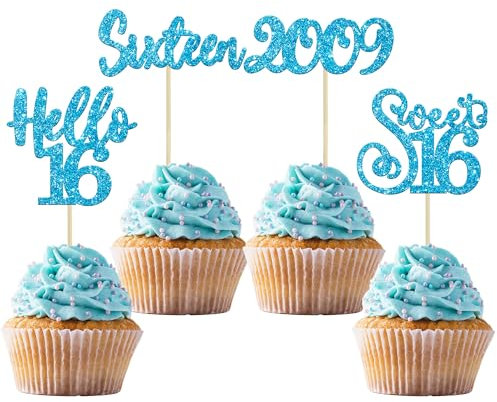 Gyufise 24Pcs Happy 16th Birthday Cupcake Toppers Glitter Hello 16 Sweet 16 Cupcake Picks Sixteen Years Old Birthday Cake Decorations for Celebrating 16th Birthday Anniversary Party Supplies Blue