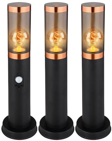 Sockelleuchte Standleuchte Außenbeleuchtung rauch Kupfer Außen Bewegungsmelder Garten Stehlampe, Edelstahl Kunststoff, 1x E27, DxH 7,6x45 cm, 3er Set