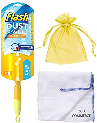 Flash Dust Magnet, Duster Starter Kit XL (Handle Extendable to 90cm & 2 Refills) 1Pk + Our Gift for You: 1x Cleaning Cloth + Organza Small Bag Size: 9x7x0.1cm