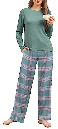 Famulily Pyjama pour femme, ensemble à manches longues, vêtement de nuit décontracté, pantalon de pyjama avec cordon de serrage pour femme S-2XL, vert, L