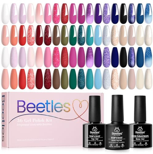 Beetles 39 Stk UV Gel Nagellack Set mit Überlack Unterlack, Reflektierender Glitzer, Burgunderrot, Blau, Grün, Winterfarben, 36 Farben Gel Nagellack für Mädchen