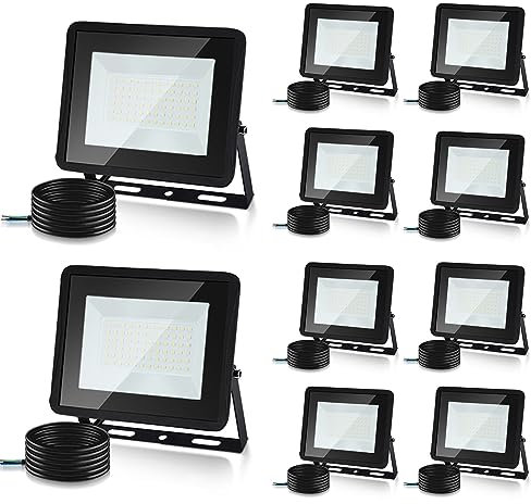 Herrselsam 10W Projecteur LED Exterieur, Lot de 10 Spot LED Extérieur IP66 Étanche, Super Lumineux 900LM Spot Exterieur Floodlight 6000K Blanc Froid, pour Garage Cour Patio (Sans prise)