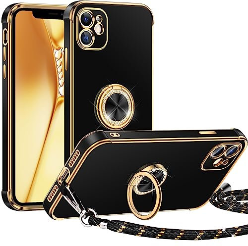 Miss Arts für iPhone 12 Mini Hülle mit Band, Ring Ständer Handykette Handyhülle Frauen Mädchen Dünn Stoßfeste Schutzhülle für iPhone 12 Mini Case Schwarz