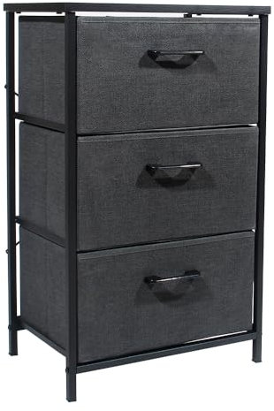 Zedelmaier Schubladenschrank für Schlafzimmer (45cm x 73cm x 30cm),Stoffkommode mit 3 Schubladen grau,Stoffkommode mit fächern,Aufbewahrungskommode mit Metallrahmen,Vintage Holzplatte,für Schlafzimmer