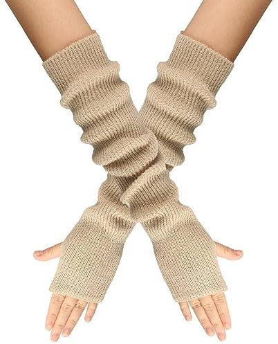 MoreChioce 1 Paar Frauen Lange Fingerlose Handschuhe, Winter Gestrickt Armstulpen Ellenbogenlange Handgelenk Pulswärmer Damen Halbfingerhandschuhe Fäustlinge Strickhandschuhe mit Daumenloch,Beige