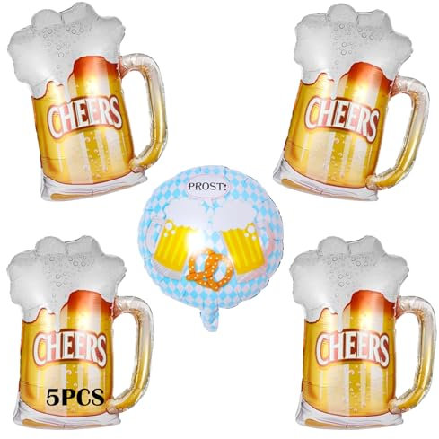 5 Pcs Beer Balloons, Oktoberfest Beer Cup Cheers Party Foil Balloons, Oktoberfest Decoration, Cheers Foil Balloons Mylar Balloon Carnival Party Supplies for Birthday
