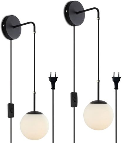 ELINKUME LED Wandleuchte,Wandlampe Innen mit Einstellbares Kabel,E27 Wandleuchten mit Kugelförmigem Lampenschirm,Schalter und Stecker für Schlafzimmer,Badezimmer Beleuchtung,Schwarz,2er-Pack
