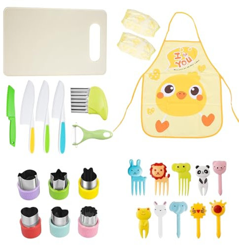 NATOSU Couteau pour Enfant 25 pièces, Couteau pour Enfant, Couteau pour Apprendre à Couper, Enfant en Bas âge avec éplucheur, Couteau ondulé, Couteau en Bois, Planche à découper, emporte-pièce
