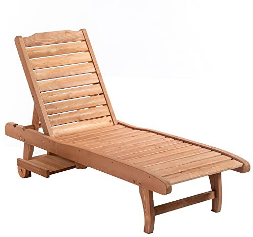 Outsunny Garden Patio Sun Lounger, Outdoor Wooden Sun Bed with Built-In Table, Reclining Backrest and Rolling Wheels for Sunbathing, Red Brown