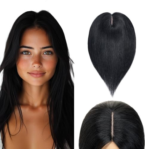 Elailite Hair Topper Echthaar, Toupet Damen, Clip in Haarteil, Haartopper Basis 10x12cm, 35cm #1 Schwarz