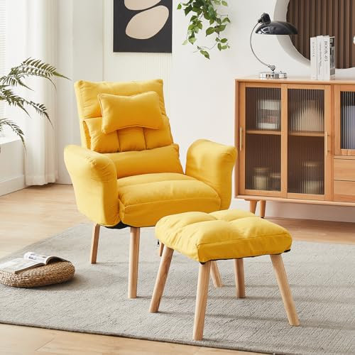 TUKAILAi Poltrona con Poggiapiedi in Velluto, Poltrona Relax Imbottita Reclinabile fino 360°, Gamba di Legno Schienale Braccioli per TV Lettura Camera da Letto caffè Studio(Giallo)