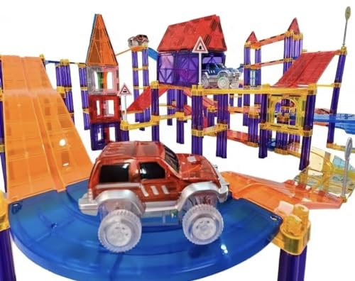 Wonder Toys 122 Stück Rennauto-Bausteine - Lernspielzeug - Magnetfliesen - Spielset 2 LKW - Lernbausatz - STEM Lernbausatz - Koordination