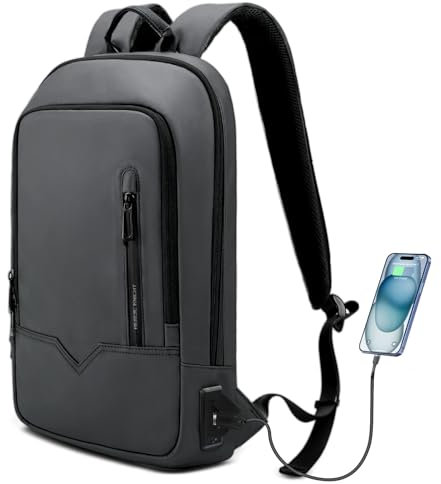HEROIC KNIGHT Laptop Backpack, Mens Business Tech Backpack with USB Charging Port, Water Resistant Slim Laptop Rucksack, Lightweight Travel College School Bag for Office Work Outdoor-15.6'',Grey