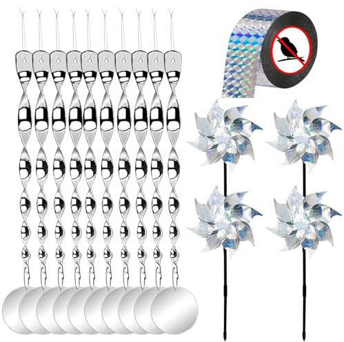 15 PCS Répulsif Oiseaux,avec 10 Répulsif Oiseaux réfléchissant+Anti-Oiseaux Épouvantail,4 Moulin à Vent Réfléchissant,1 Ruban Repulsif pour Oiseaux,Repulsif Pigeons pour Balcon effaroucheur Oiseaux