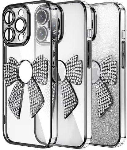 IMEIKONST Case Compatible with iPhone 14 Pro Max, Glitter Diamond Bow Case Drop Protection Shockproof TPU Bumper Slim Design for Girls Women Plating Cover for iPhone 14 Pro Max. Black KDH