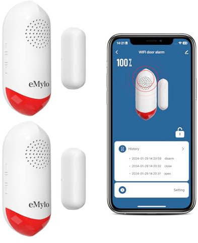 eMylo Türalarm, 120dB Einbruchschutz with Alarm Light, Wifi Alarm Smart App Fernbedienung, Wireless Magnetic Sensor for Home Security, Batterie nicht enthalten, 2 Stück