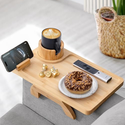 ROCDEER Sofa Arm Tray, Bamboo Large Couch Cup Holder Tray, Sofa Armrest Portable Anti-Spill Beverage Snack Remote Holder