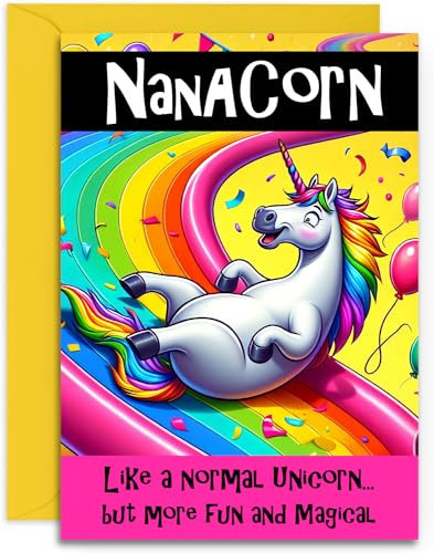Nanacorn Geburtstagskarte – Lustige Einhorn-Geburtstagskarte für Oma von Kindern. A5 mit gelbem Umschlag, entworfen und gedruckt in Großbritannien
