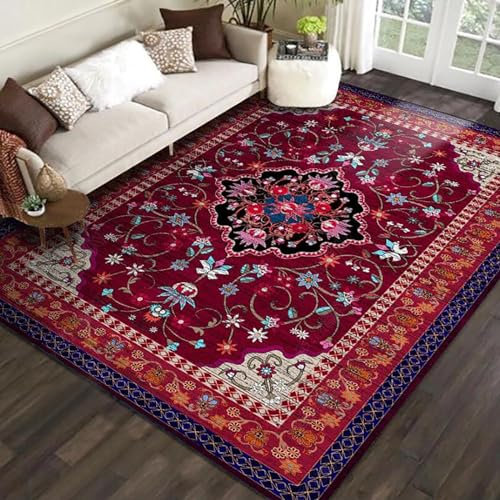 Teppich Wohnzimmer Deko,Multicoloured,90 x 90 cm, Rot Blau Orange Blumen Orientalisch Traditionell Vintage,Quadratisch Teppiche Waschbar Kurzflor Schlafzimmer Kinderzimmer