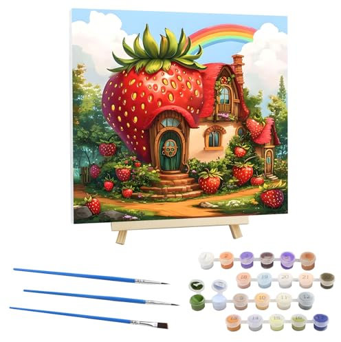 Peinture par Numero Adulte Maison des Fraises,Kit de Peinture à l'huile sur Toile Bricolage avec Cadre en Bois et Chevalet, Arc-en-Ciel Peinture Sans Plis Toile pour Décoration de la Maison 30x30cm
