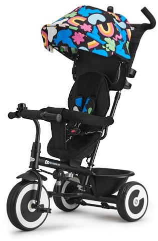 Kinderkraft Aston Triciclo Evolutivo, Bicicleta Sin Pedales, Bicicleta Bebe, para Niños, Cinturón, con Accesorios, Portavasos, Cesta, 9 Meses a 25 kg, Happy Shapes