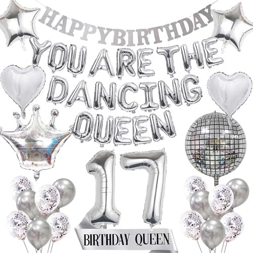 Dancing Queen 17th Birthday Decoration - 47 Pcs You are the Dancing Queen Banner, Disco Balloon Clown and Star Balloon Mamma Mia Party Decors 70s Disco Decoration
