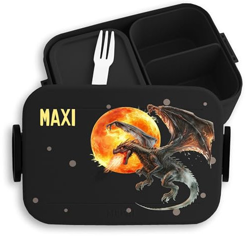 Kinder Bento Box Midi Lunchbox Mepal Bentobox - Drache - Brotdose mit Drachen für Jungen | Personalisierbar mit Namen | Geschenk für den Schulstart und Kindergarten - 900 ml - Schwarz - schule
