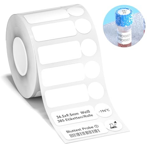 NIIMBOT Etiketten für Flüssigstickstoff-Umgebungen (-198°C), selbstklebendes Etikettenband für M2, 36,5 x 9,5mm Thermotransfer-Etiketten für wissenschaftliche Forschung, Labor, Biomedizin, Weiß