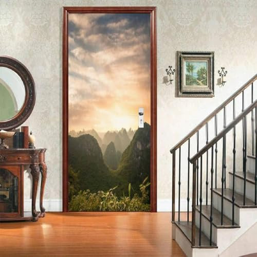 Türtapete Selbstklebend 95x215 Berg Türposter Grüne Landschaft Fototapete Türfolie Türklebefolie Wasserdichte für Türwand Dekoration Tapete a.55
