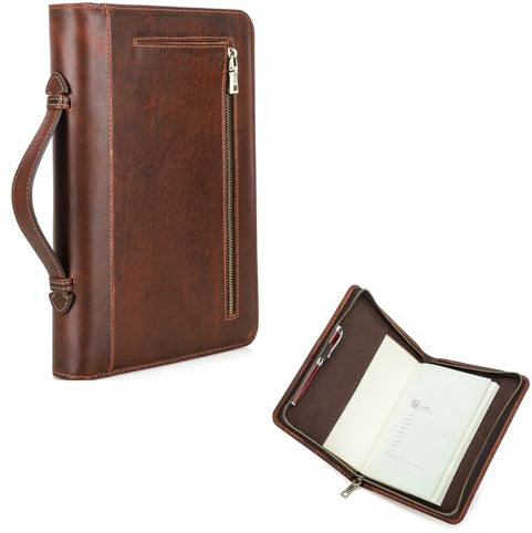Hiram Leather A5 Notebook Case Traveller Leather Notebook Storage Zipper Bag A5 Notebook Leather Case with Carrying Handle and Cellphone Pouch