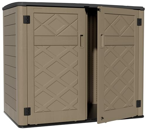 ZZM Large Outdoor Storage Shed, 48 Cu Ft Resin Versatile Storage Cabinet for Patio Accessories, Trash Cans & Garden Tools, Durable Horizontal Storage Box with Lockable Lid (Coffee)