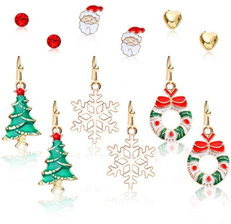 6 Paar Ohrringe Weihnachten, Weihnachtsohrringe Damen Set mit Schneeflocken, Weihnachtsbaum, Lebkuchenmann, Festlicher Weihnachts Schmuck Hängend, Weihnachtsdeko für Damen und Kinder