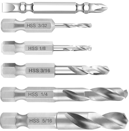 gQsskli Metallbohrer Set 5 Stück, Einteiliger Sechseckiger Griff Bohrer Satz für Winkelaufsatz und Verwendung in Enge Räume, 3/32, 1/8, 3/16, 1/4, 5/16 Zoll, mit Hraubendreher (silbrig)