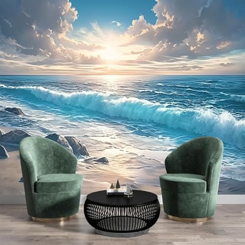JSCWDET Papier Peint Panoramique Vaste Océan 350×256 Cm (W×H) - Décoration Murale Moderne – Tapisserie Décorative Pour Chambre Salon - Plage Vagues Pour Restaurant Décoration Murale