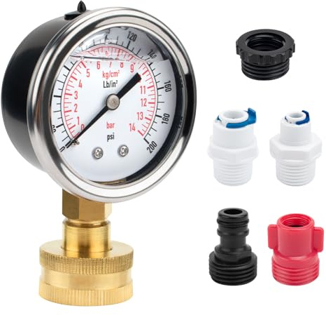 0-200 Psi Glycerin Filled Water Pressure Gauge Kit for All Purpose Water Pressure Measurement, 3/4 Female Garden Hose Thread Universal Water Dial Gauge with Extra 5 Adapters for Multiple Use