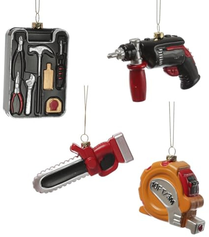 Weihnachtsbaumschmuck für Heimwerker Werkzeug Set 4-teilig Bohrmaschine Maßband Säge Werkzeugkiste Christbaumschmuck Geräte-Set