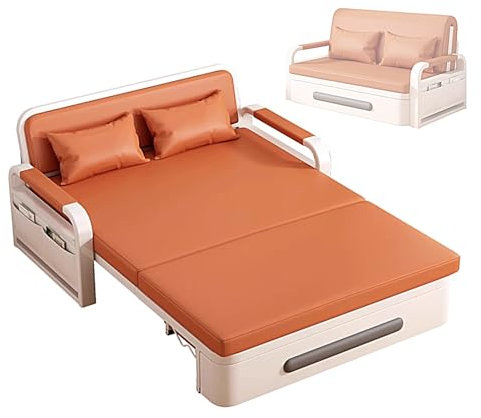 Recamiere mit Schlaffunktion und Bettkasten Gästebett Klappbar mit Rädern Kissen 10cm Massivholzrahmen Chaiselongue Sofa Liegesessel für Haus, Büro(Orange,192 * 108 * 65cm)