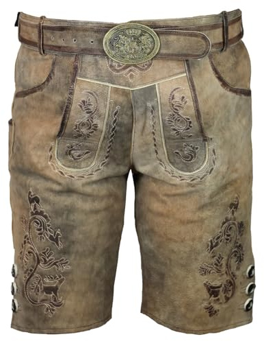 MS-Trachten Herren Lederhose Kurz Julian Braun Antik Trachtenlederhose – Moderne Trachtenhose mit Gürtel im Vintage Used Look