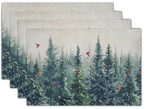 Giwawa Winter Pine Trees Placemats Set of 4 Watercolor Christmas Forest Red Birds Linen Table Mat 12x18 Xmas Snowy Tree Decorative Seasonal Washable Place Mats for Kitchen Dining Holiday