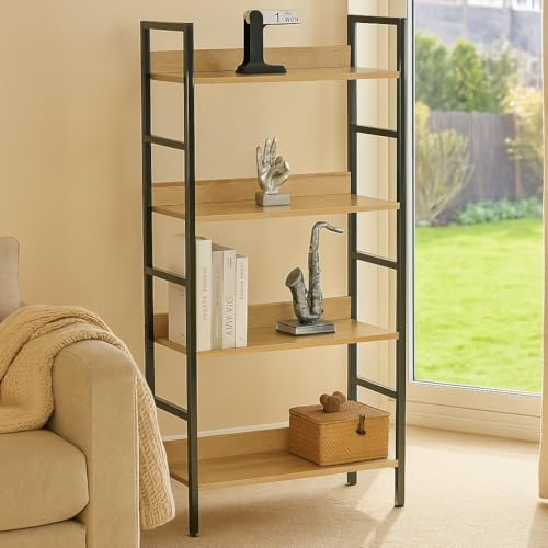 CELINO making your day 4 Tier Bookshelf, Ladder Shelf Bookcase for Bedroom, Industrial Book Shelves Storage Rack with Metal Frame for Home Office 60×27.6×126 cm