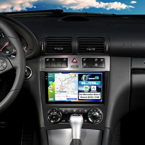 SIXWIN 4+128G Android 15 Radio Coche para Mercedes Benz C Klasse W203 W209 C180 C200 2005-2009 con CarPlay&Android Auto,9 Pulgadas Pantalla Táctil con Bluetooth/WiFi/GPS/FM/RDS/USB+AHD Cámara
